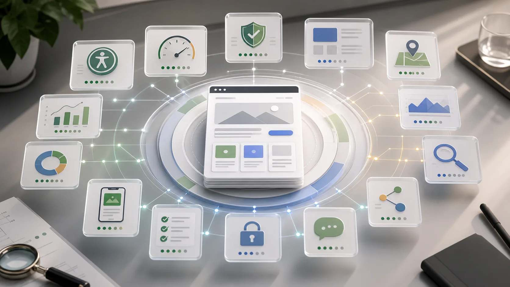 A website dashboard surrounded by audit signal tiles for accessibility, speed, security, local presence, analytics, and AI readiness.