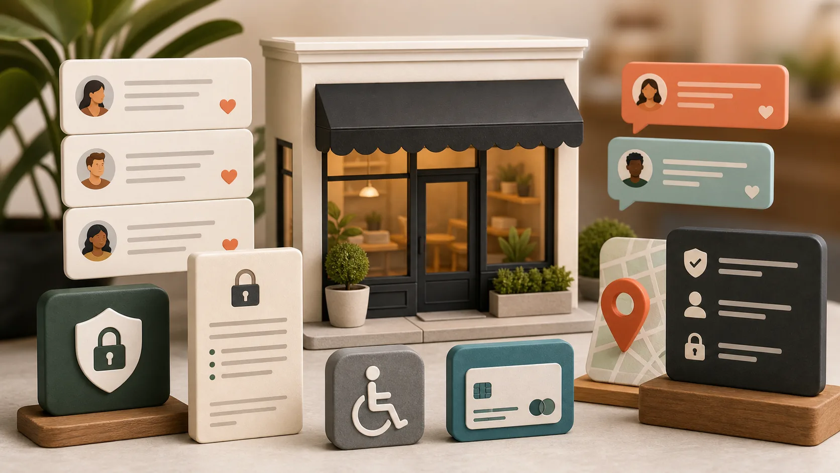 A small storefront surrounded by review cards, privacy documents, secure checkout, accessibility, and local profile symbols.