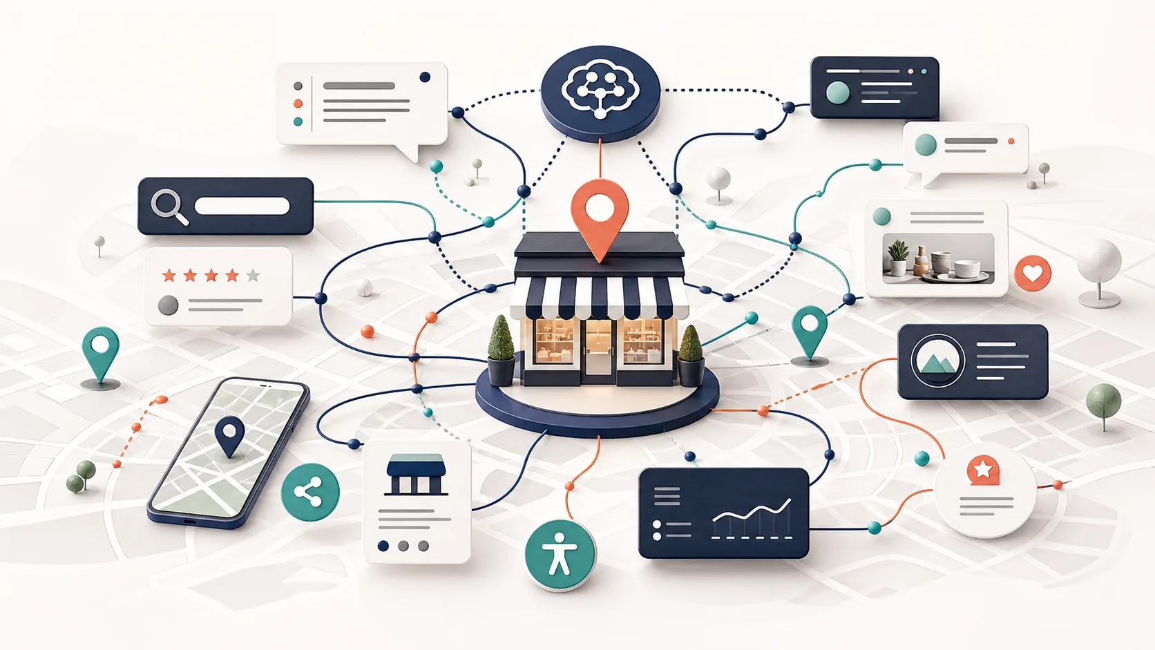 A small storefront connected to search, maps, reviews, social, accessibility, and AI visibility signals.